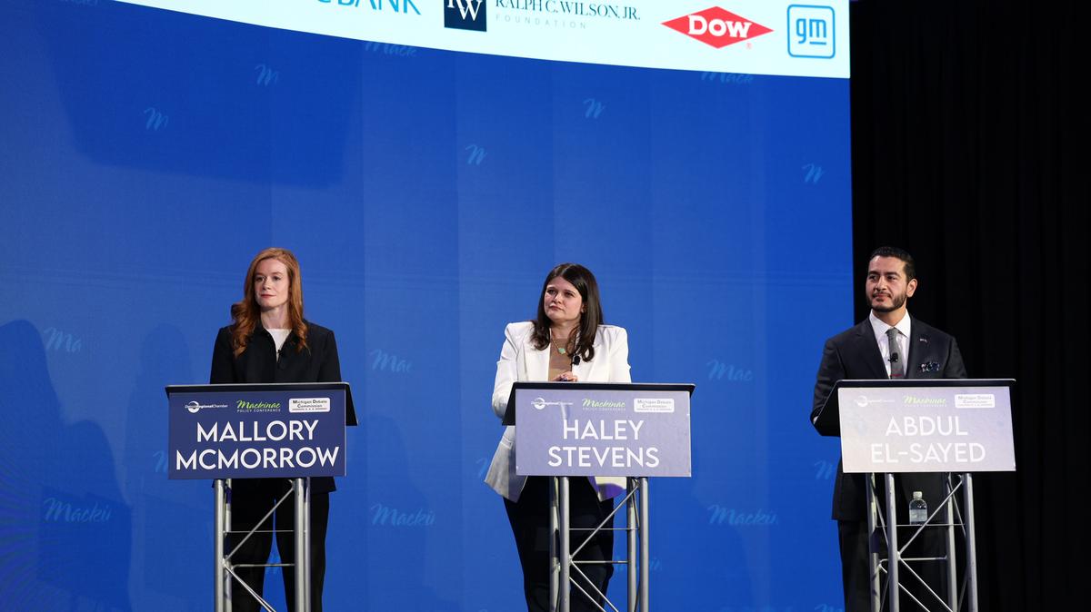 From left, Democratic U.S. Senate hopefuls Mallory McMorrow of Royal Oak, U.S. Rep. Haley Stevens of Birmingham and Abdul El-Sayed of Ann Arbor debate at the Mackinac Policy Conference on Thursday, May 28, 2026, on Mackinac Island, Mich. (Detroit Regional Chamber/TNS)