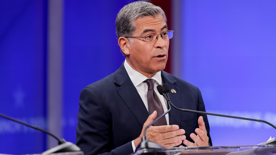 Xavier Becerra, Democratic gubernatorial candidate for California, speaks during a gubernatorial debate at KRON Studios in San Francisco, California, on April 22, 2026. California will hold its primary election on June 2, where the top two finishers advance to the general election in November regardless of party affiliation. (Jason Henry/Nexstar/Bloomberg/Pool/Getty Images/TNS)