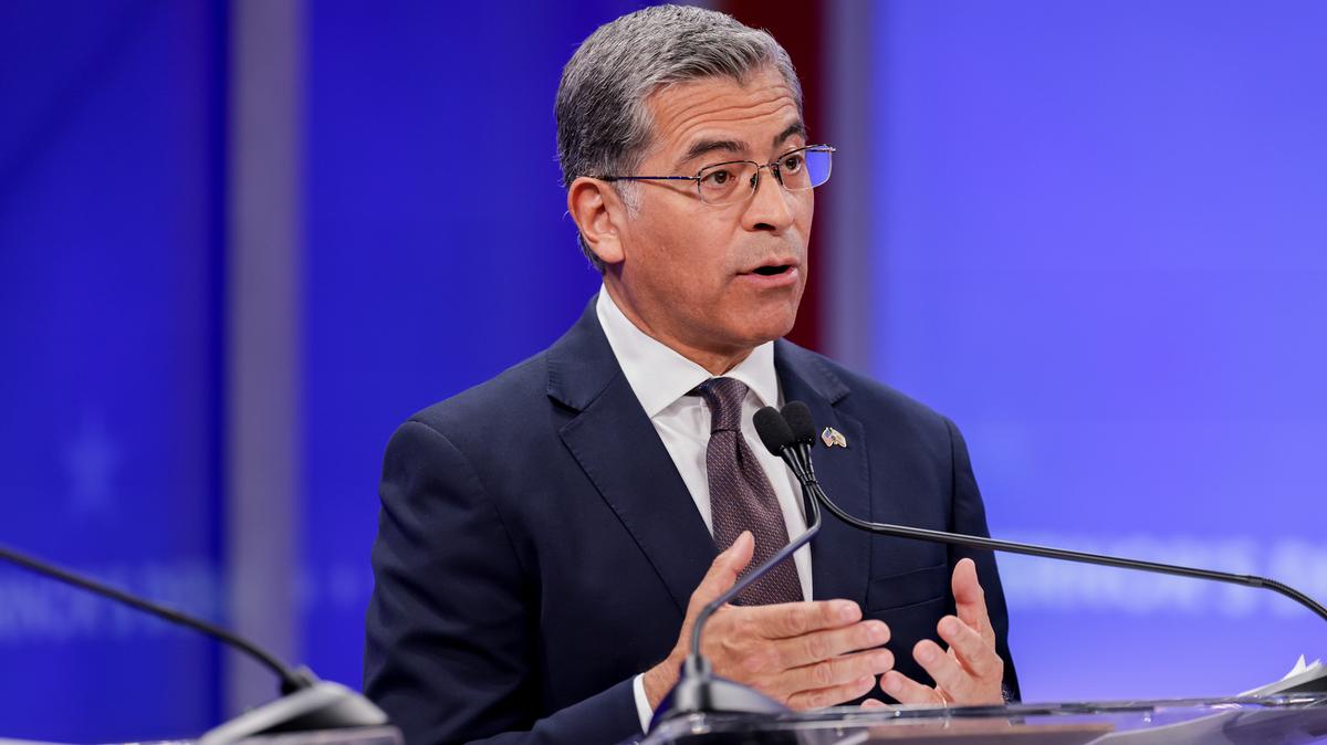 Xavier Becerra, Democratic gubernatorial candidate for California, speaks during a gubernatorial debate at KRON Studios in San Francisco, California, on April 22, 2026. California will hold its primary election on June 2, where the top two finishers advance to the general election in November regardless of party affiliation. (Jason Henry/Nexstar/Bloomberg/Pool/Getty Images/TNS)