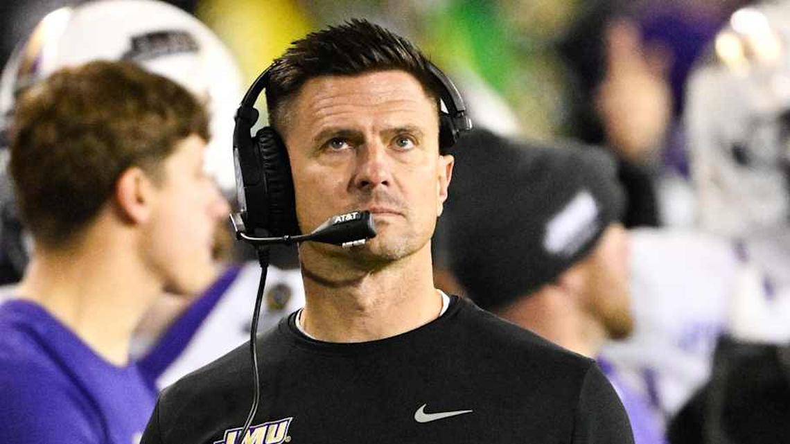  Dec 20, 2025; Eugene, OR, USA; James Madison Dukes head coach Bob Chesney looks on during the second quarter against the Oregon Ducks at Autzen Stadium. Mandatory Credit: Troy Wayrynen-Imagn Images | Troy Wayrynen-Imagn Images 