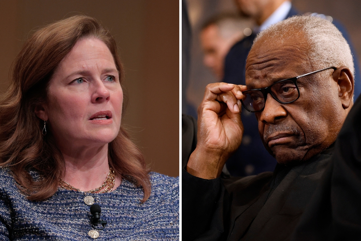  L: Justice Amy Coney Barrett at the Library of Congress on March 12, 2026. R: Justice Clarence Thomas at the U.S. Capitol on January 20, 2025. 