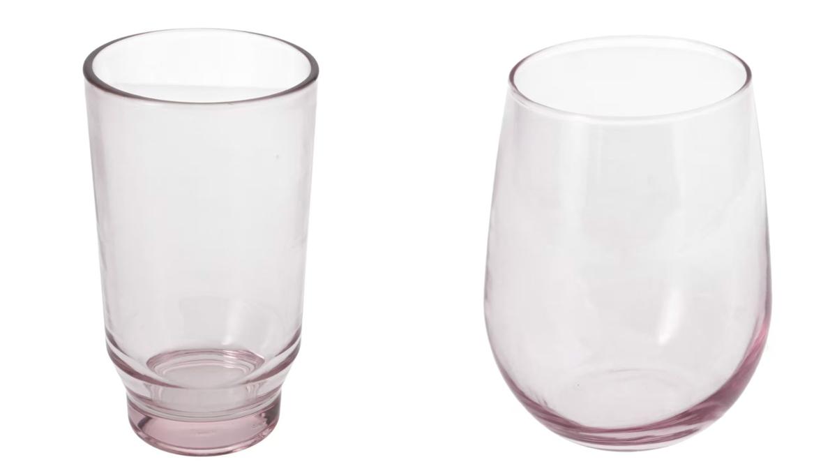 Pink tumbler glass and stemless wine glassCourtesy of Dollar Tree