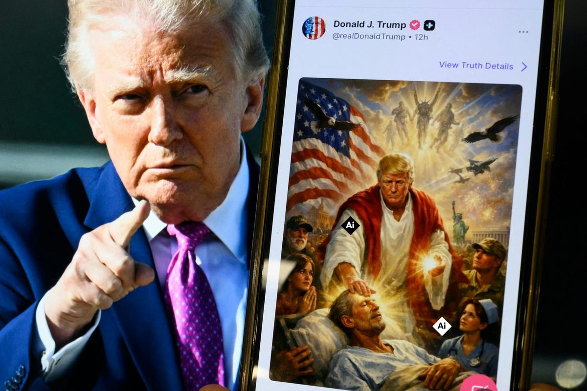  This photo illustration created on April 13, 2026, shows a picture of President Donald Trump on a screen and an AI-generated picture he posted on his Truth Social platform depicting himself as Jesus Christ after criticizing Pope Leo XIV. Mandel Ngan/AFP via Getty Images 
