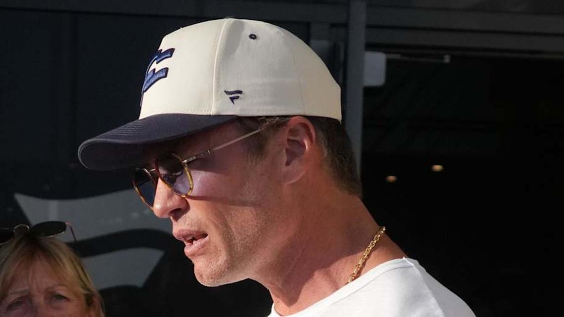  Mar 21, 2026; Los Angeles, CA, USA; Founders FFC quarterback Tom Brady (12) talks with fans during the Fanatics Flag Football Classic at BMO stadium. Mandatory Credit: Kirby Lee-Imagn Images | Kirby Lee-Imagn Images 