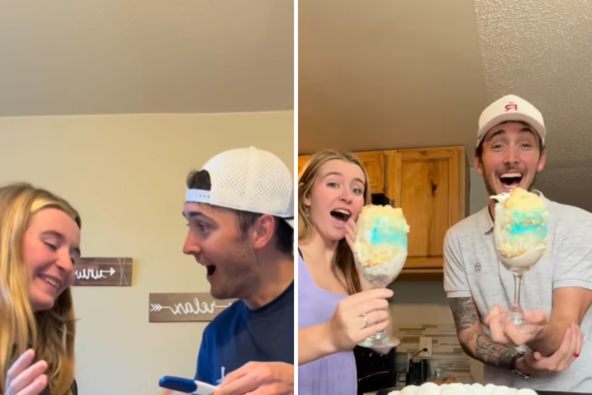  From left: Kensley and Jason looking at a pregnancy test; the couple doing a cake gender reveal test. 