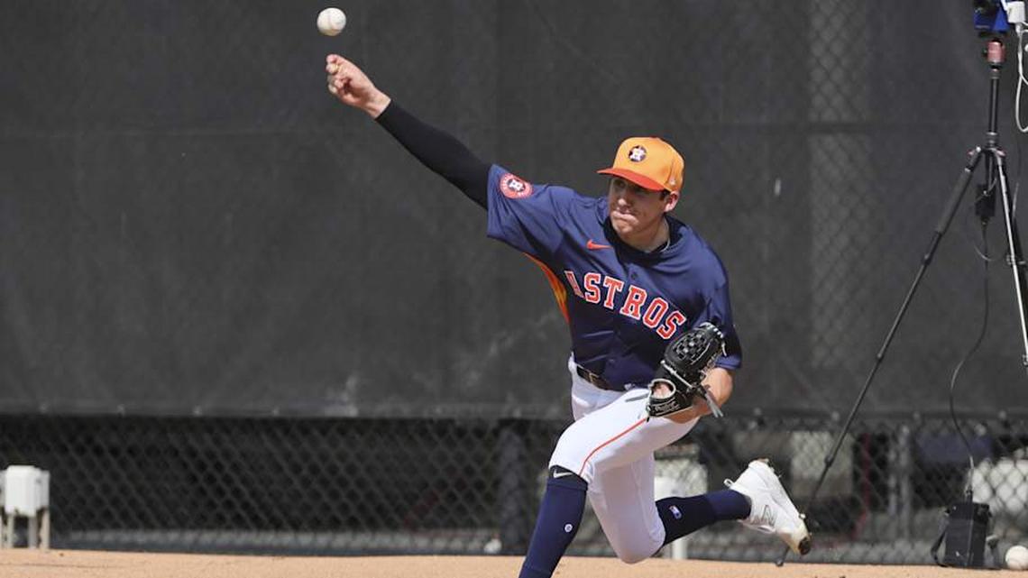  Feb 14, 2024; West Palm Beach, FL, USA; Houston Astros pitcher A.J. Blubaugh (69) works out during spring training at CACTI Park of the Palm Beaches. | Sam Navarro-Imagn Images 