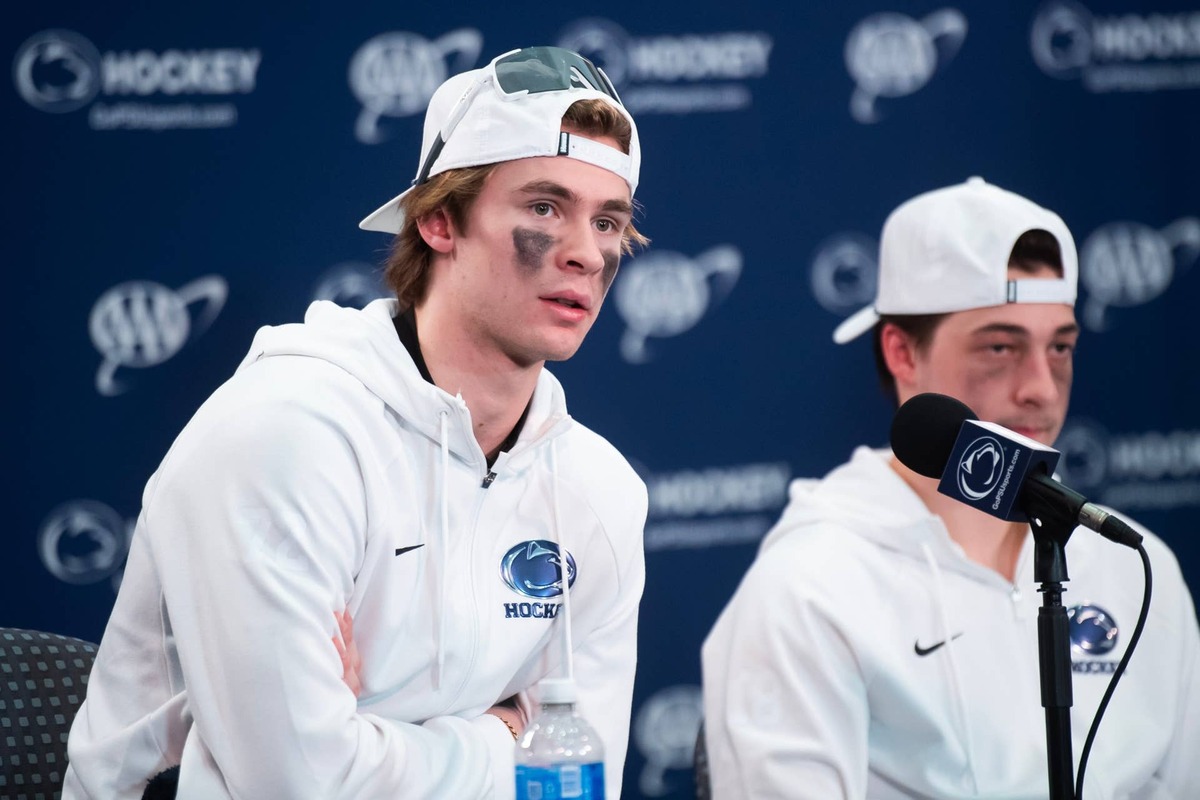  Penn State's Gavin McKenna, left, answers a question during a post-game press conference. © Dan Rainville / USA TODAY NETWORK via Imagn Images