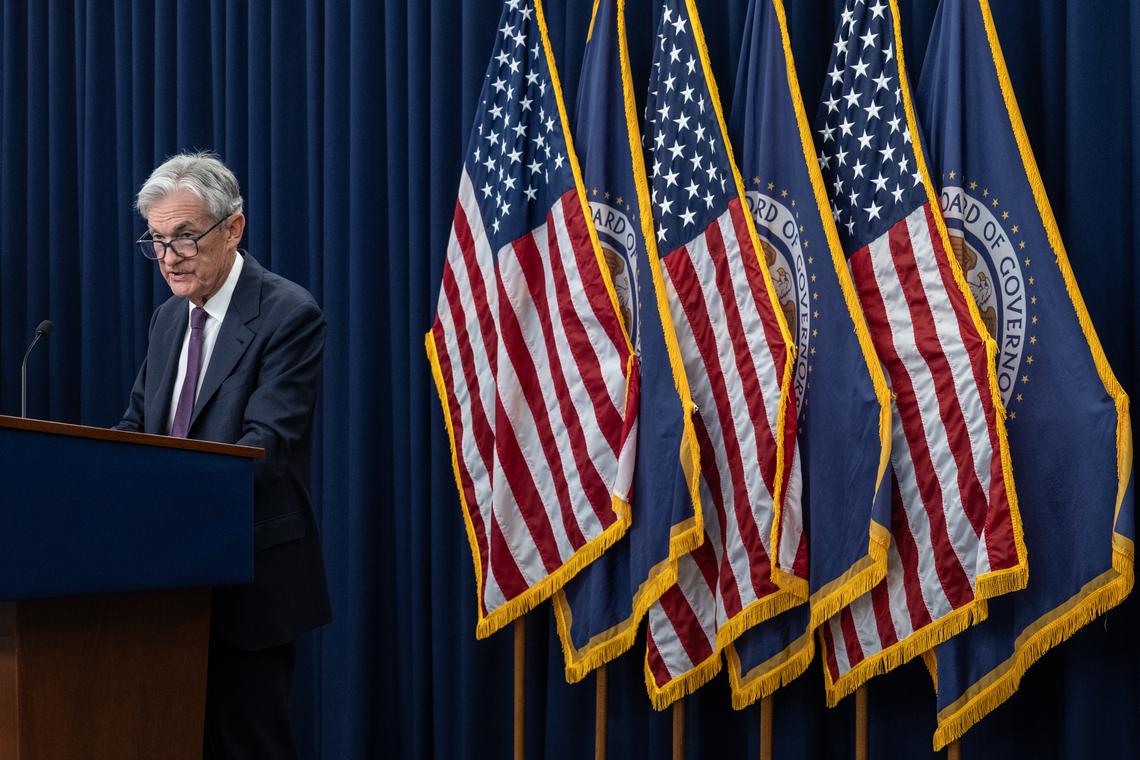 Jerome Powell, the Federal Reserve chairman, speaks at a news conference at the Federal Reserve in Washington, on Wednesday, April 29, 2026. Powell, whose term as chair expires next month, said he would stay on as a governor "for a period of time." (Anna Rose Layden/The New York Times)