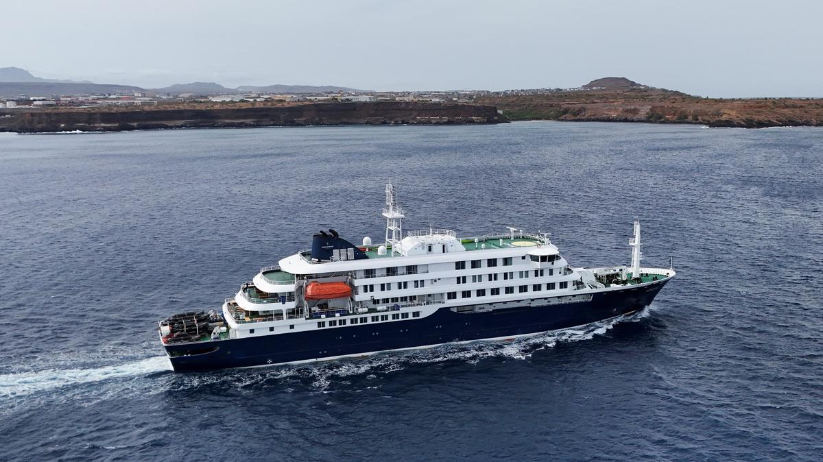 A drone view of the cruise ship MV Hondius, carrying passengers suspected of having cases of hantavirus on board, leaves Praia, Cape Verde, May 6, 2026. REUTERS/Stringer