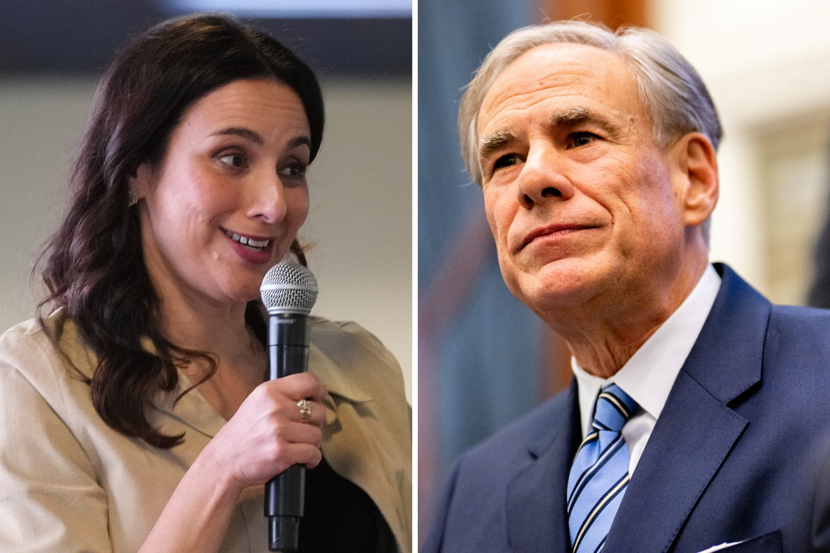  Left: Texas gubernatorial candidate Gina Hinojosa speaks during a campaign event in Austin on February 17, 2026. Right: Texas Governor Greg Abbott during a bill-signing on April 23, 2025, in Austin. 