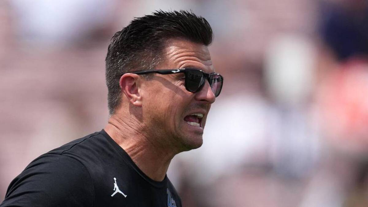  May 2, 2026; Pasadena, CA, USA; UCLA Bruins coach Bob Chesney reacts during the spring game at Rose Bowl. Mandatory Credit: Kirby Lee-Imagn Images | Kirby Lee-Imagn Images 