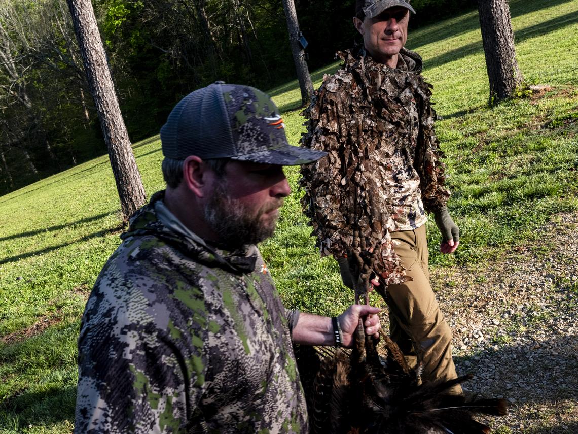 Chaz Molder, the mayor of Columbia and a Democratic House candidate, right, on a turkey hunt in Columbia, Tenn., April 12, 2026. Molder, a small-town mayor and turkey hunter with a penchant for retail politics, is one of several Democrats hoping that a focus on kitchen-table issues can reverse their party's fortunes in places like rural Tennessee. (Brad J. Vest/The New York Times)