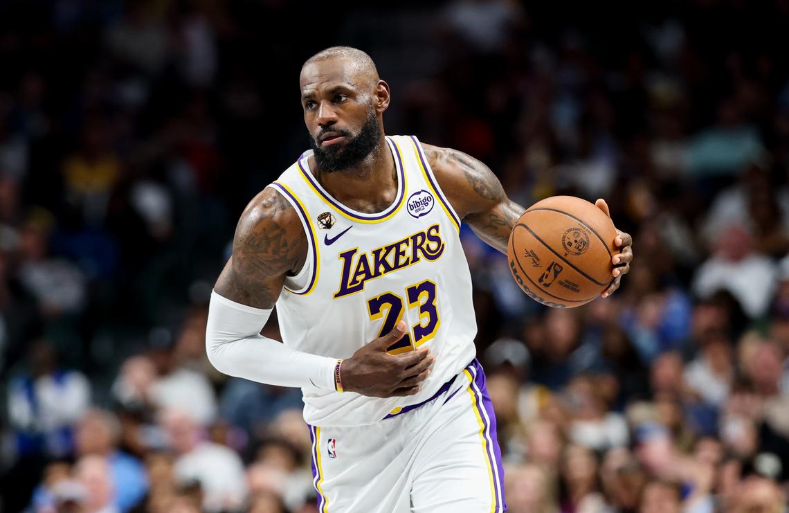  Los Angeles Lakers forward LeBron James (23) controls the ball against the Dallas Mavericks during the second half at American Airlines Center. Kevin Jairaj-Imagn Images