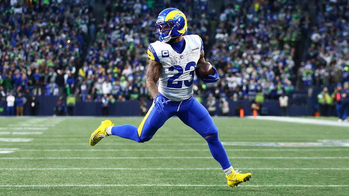  Los Angeles Rams running back Kyren Williams (23) runs to score a touchdown against the Seattle Seahawks during the first half in the 2026 NFC Championship Game at Lumen Field. Mandatory Credit: Kevin Ng-Imagn Images | Kevin Ng-Imagn Images 
