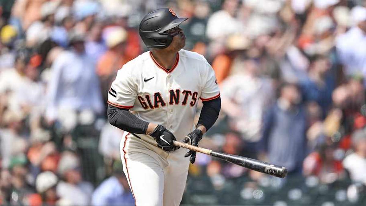  Apr 8, 2026; San Francisco, California, USA; San Francisco Giants designated hitter Rafael Devers (16) looks on after hitting a three-run home run in the bottom of the sixth inning against Philadelphia Phillies pitcher Aaron Nola (27) at Oracle Park. | Justine Willard-Imagn Images 