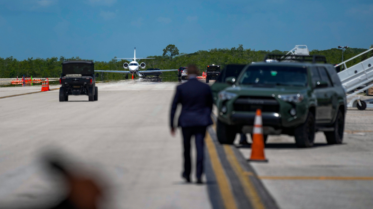 A plane taxis down the runway after a press conference at Alligator Alcatraz in Ochopee, Fla., on Thursday, June 25, 2026.