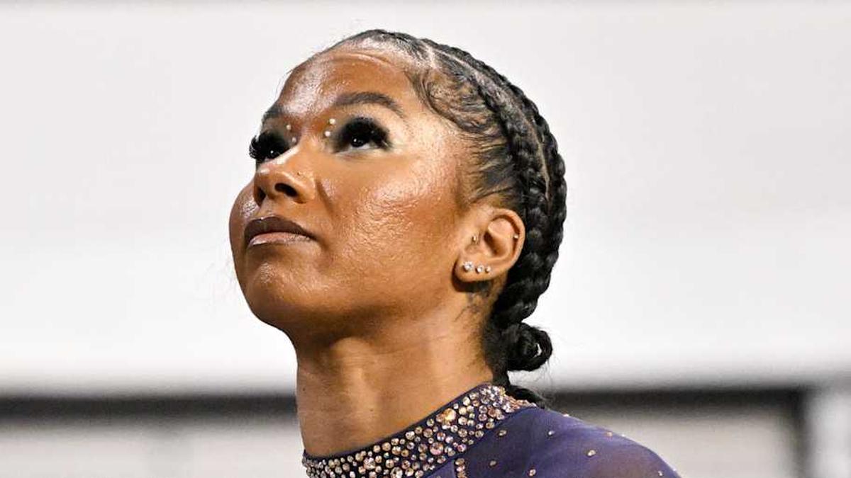  Apr 16, 2026; Fort Worth, TX, USA; UCLA gymnast Jordan Chiles looks on before performing on vault during semifinals for the 2026 NCAA Women's Gymnastics National Championships at Dickies Arena. Mandatory Credit: Jerome Miron-Imagn Images | Jerome Miron-Imagn Images 