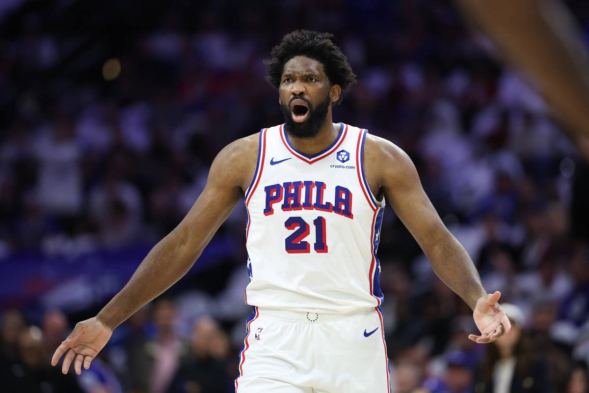  May 8, 2026; Philadelphia, Pennsylvania, USA; Philadelphia 76ers center Joel Embiid (21) reacts to a play against the New York Knicks during the first quarter of game three of the second round of the 2026 NBA Playoffs at Xfinity Mobile Arena. Mandatory Credit: Bill Streicher-Imagn Images 