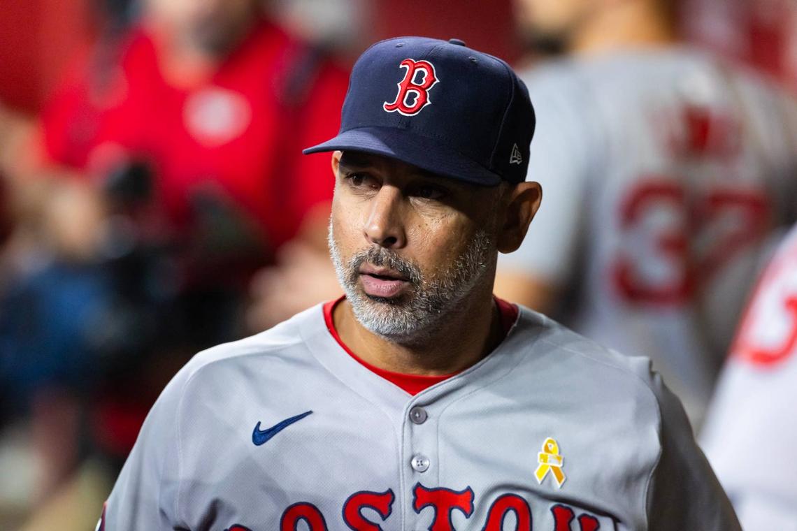  Boston Red Sox manager Alex Cora (13) looks on during a game. © Mark J. Rebilas-Imagn Images
