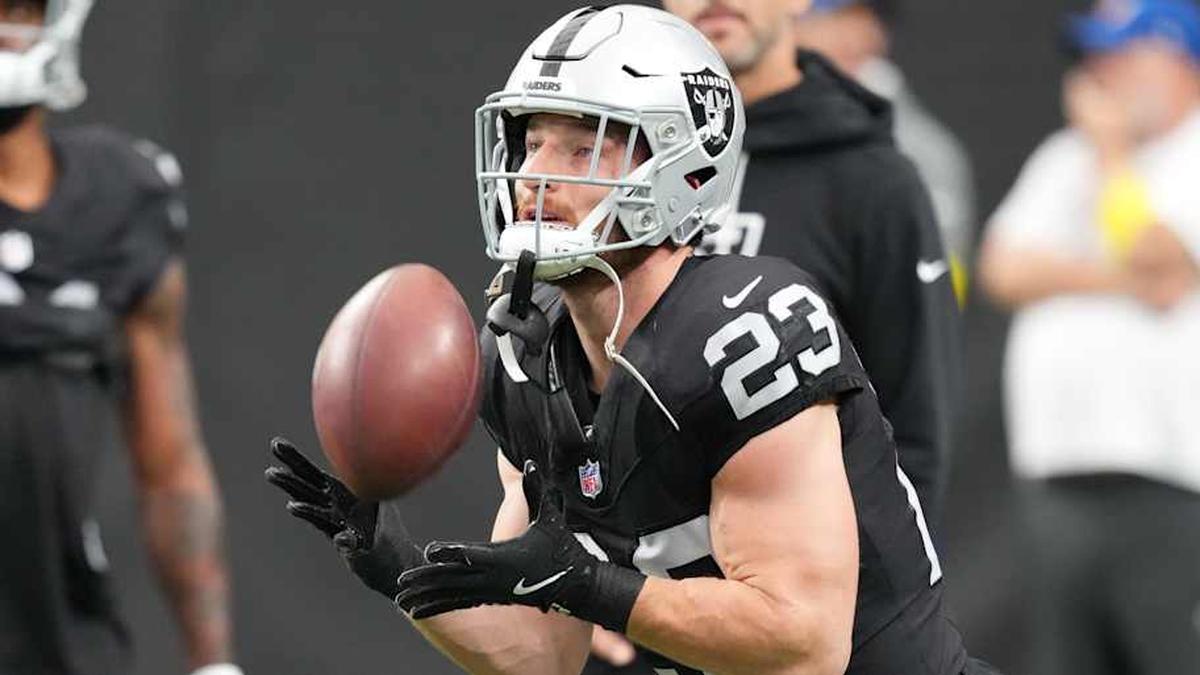  Dec 7, 2025; Paradise, Nevada, USA; Las Vegas Raiders running back Dylan Laube (23) warms up prior to a game against the Denver Broncos at Allegiant Stadium. Mandatory Credit: Stephen R. Sylvanie-Imagn Images | Stephen R. Sylvanie-Imagn Images 