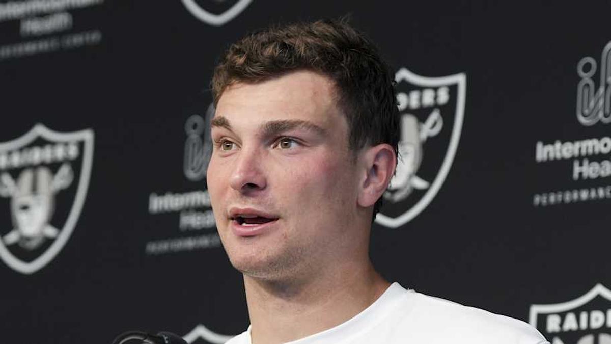 May 2, 2026; Henderson, NV, USA; Las Vegas Raiders quarterback Fernando Mendoza (15) speaks during a news conference at the team's Rookie Minicamp at Intermountain Health Performance Center. Mandatory Credit: Candice Ward-Imagn Images | Candice Ward-Imagn Images 
