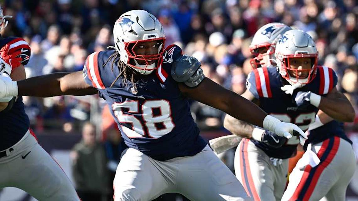  Nov 2, 2025; Foxborough, Massachusetts, USA; New England Patriots center Jared Wilson (58) in coverage during the first half against the Atlanta Falcons at Gillette Stadium. Mandatory Credit: Eric Canha-Imagn Images | Eric Canha-Imagn Images 