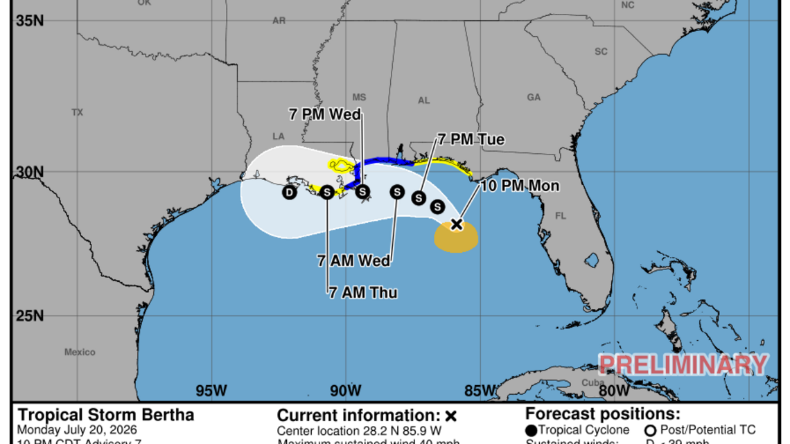 Monday, July 20: NHC's update on Tropical Storm Bertha 
