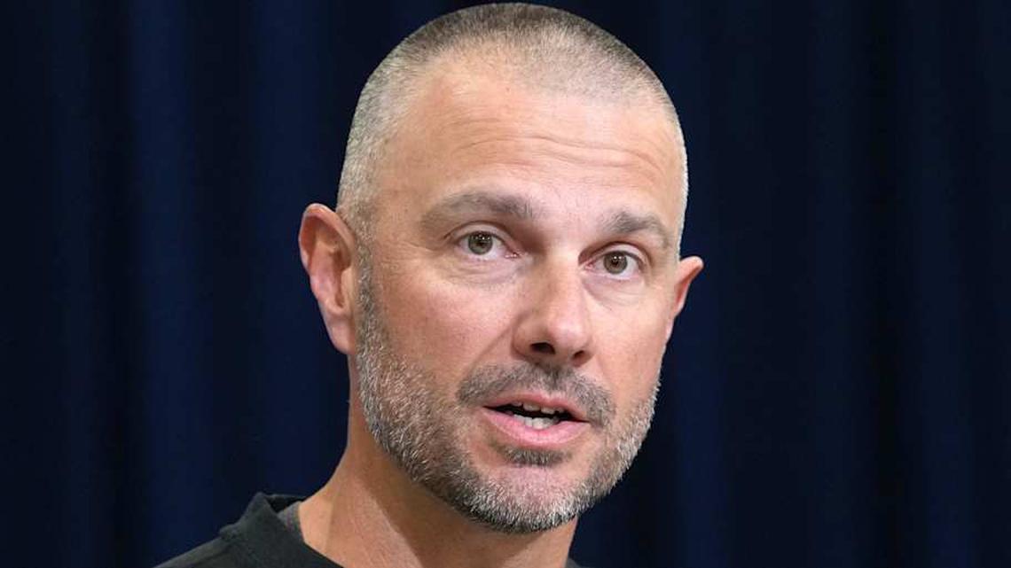  Feb 24, 2026; Indianapolis, IN, USA; Las Vegas Raiders general manager John Spytek speaks at the NFL Scouting Combine at the Indiana Convention Center. Mandatory Credit: Kirby Lee-Imagn Images | Kirby Lee-Imagn Images 