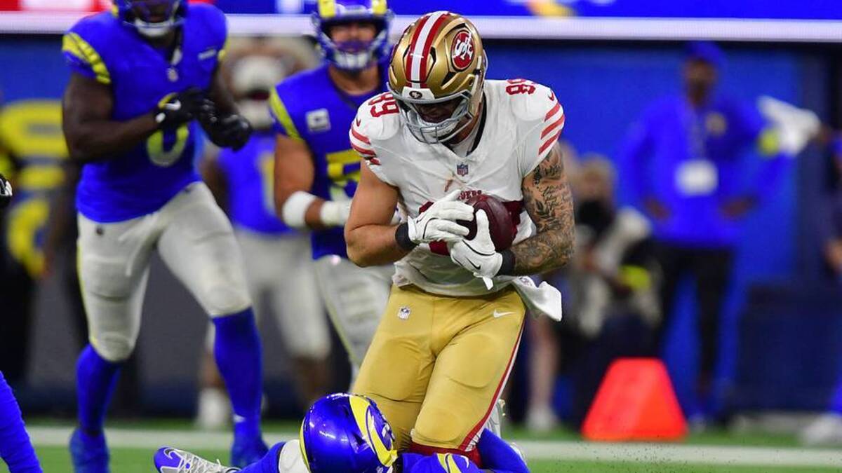  Oct 2, 2025; Inglewood, California, USA; San Francisco 49ers tight end Luke Farrell (89) makes a catch against the Los Angeles Rams during the second half at SoFi Stadium. Mandatory Credit: Gary A. Vasquez-Imagn Images | IMAGN IMAGES via Reuters Connect 