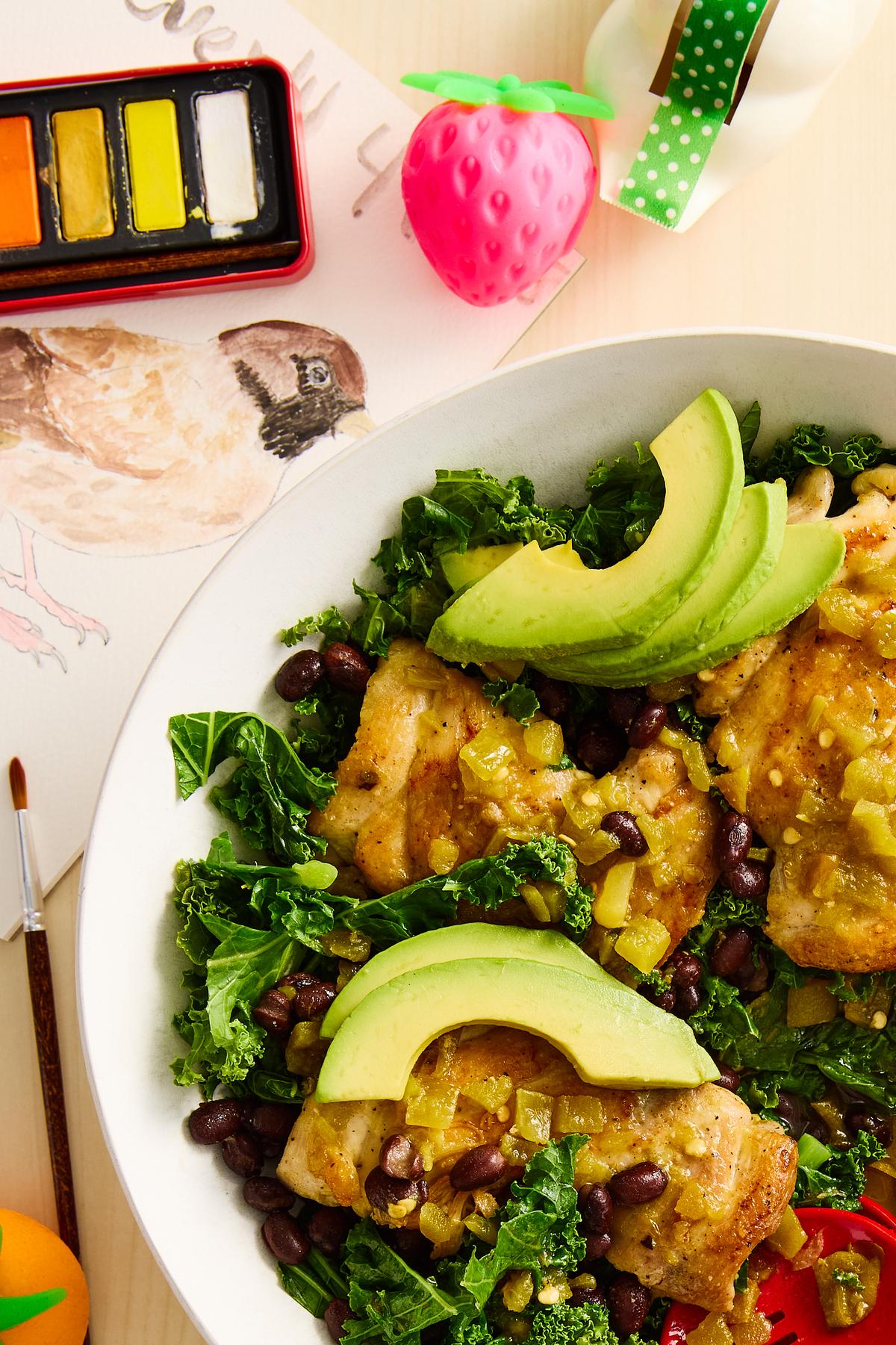 Chicken and Kale Hatch Chile Bowl. End-of-school year chaos has arrived. These 20-minute (or less) meals will get you cooking through it. Food styled by Monica Pierini. Prop styled by Megan Hedgpeth. (Ryan Liebe/The New York Times)