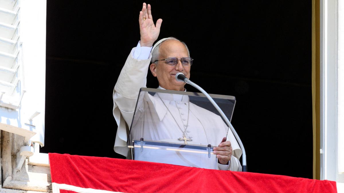 Pope Leo XIV leads the Angelus prayer from a window of the Apostolic Palace at the Vatican, May 3, 2026.   Vatican Media/Mario Tomassetti/Handout via REUTERS
