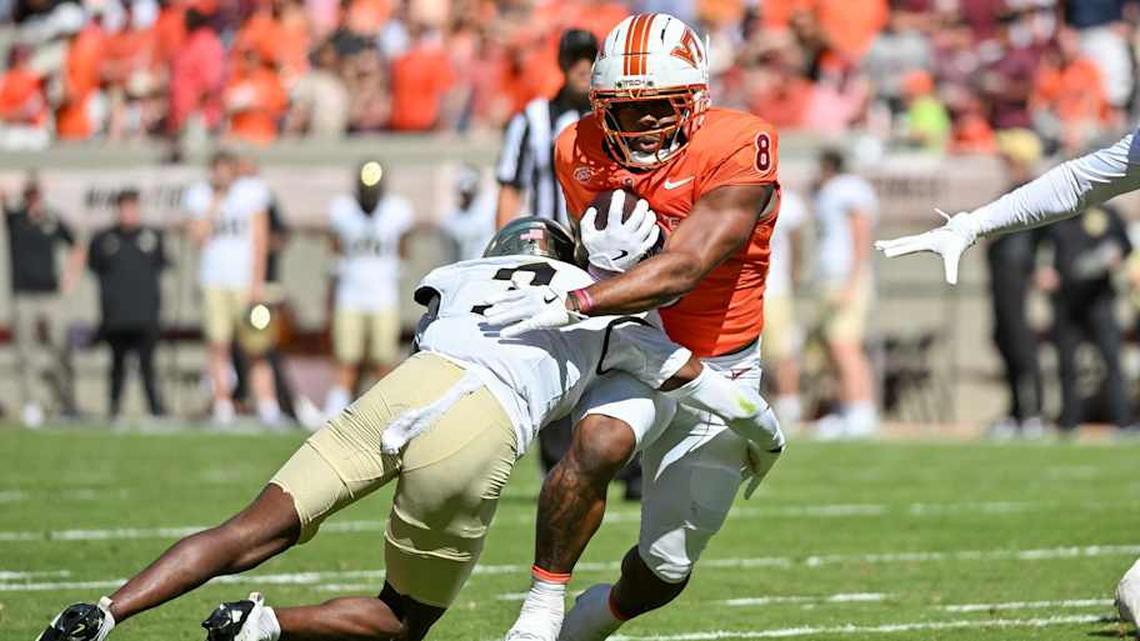  Oct 4, 2025; Blacksburg, Virginia, USA; Wake Forest Demon Deacons defensive back Karon Prunty (3) tackles Virginia Tech Hokies running back Terion Stewart (8) during the second quarter at Lane Stadium. Mandatory Credit: Brian Bishop-Imagn Images | Brian Bishop-Imagn Images 