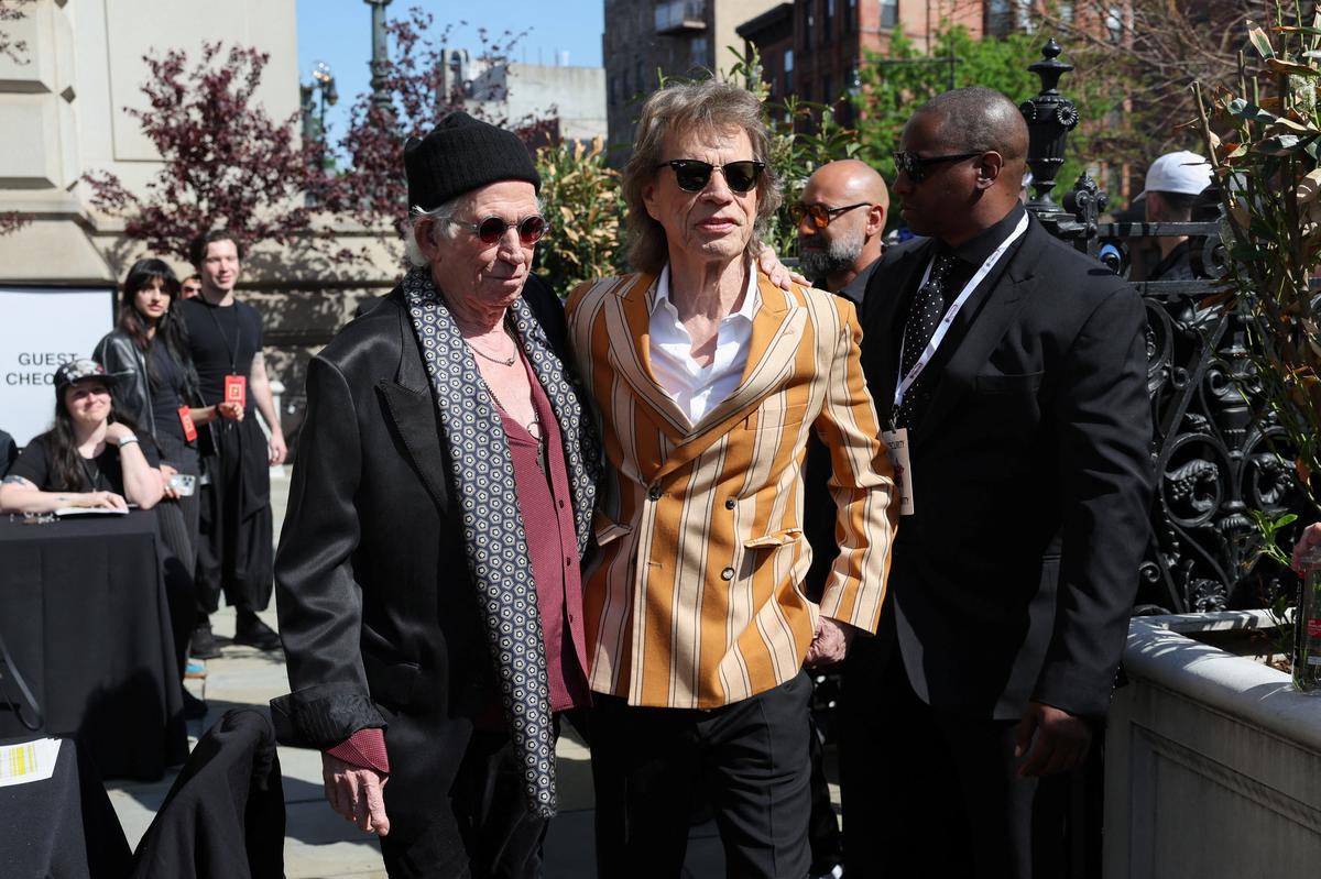 Mick Jagger and Keith Richards, members of The Rolling Stones, stand together as they attend the launch of their new studio album "Foreign Tongues" in the Brooklyn borough of New York City, U.S., May 5, 2026. REUTERS/Shannon Stapleton