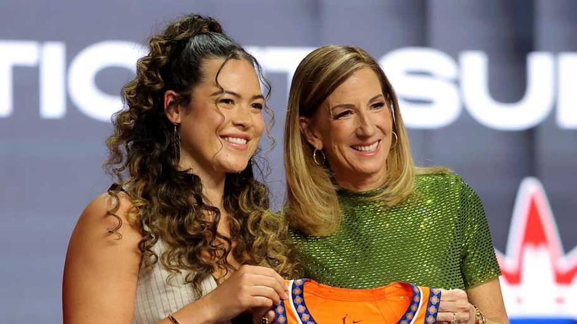  Apr 13, 2026; New York, NY, USA; WNBA Commissioner Cathy Engelbert (right) poses for photos with Charlisse Leger-Walker who was selected eighteenth overall by the Connecticut Sun during the 2026 WNBA Draft at The Shed at Hudson Yards. Mandatory Credit: Brad Penner-Imagn Images | Brad Penner-Imagn Images 