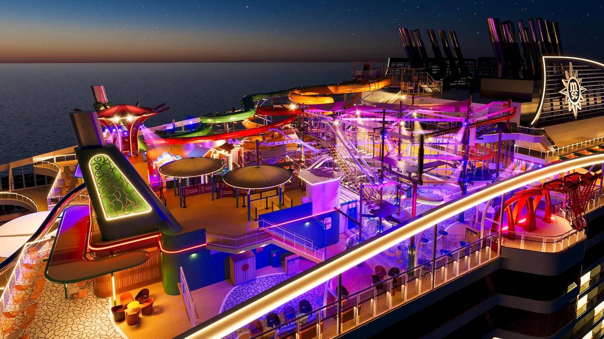 A rendering of the MSC World Asia cruise ship's The Harbour area with view of the sea behind.