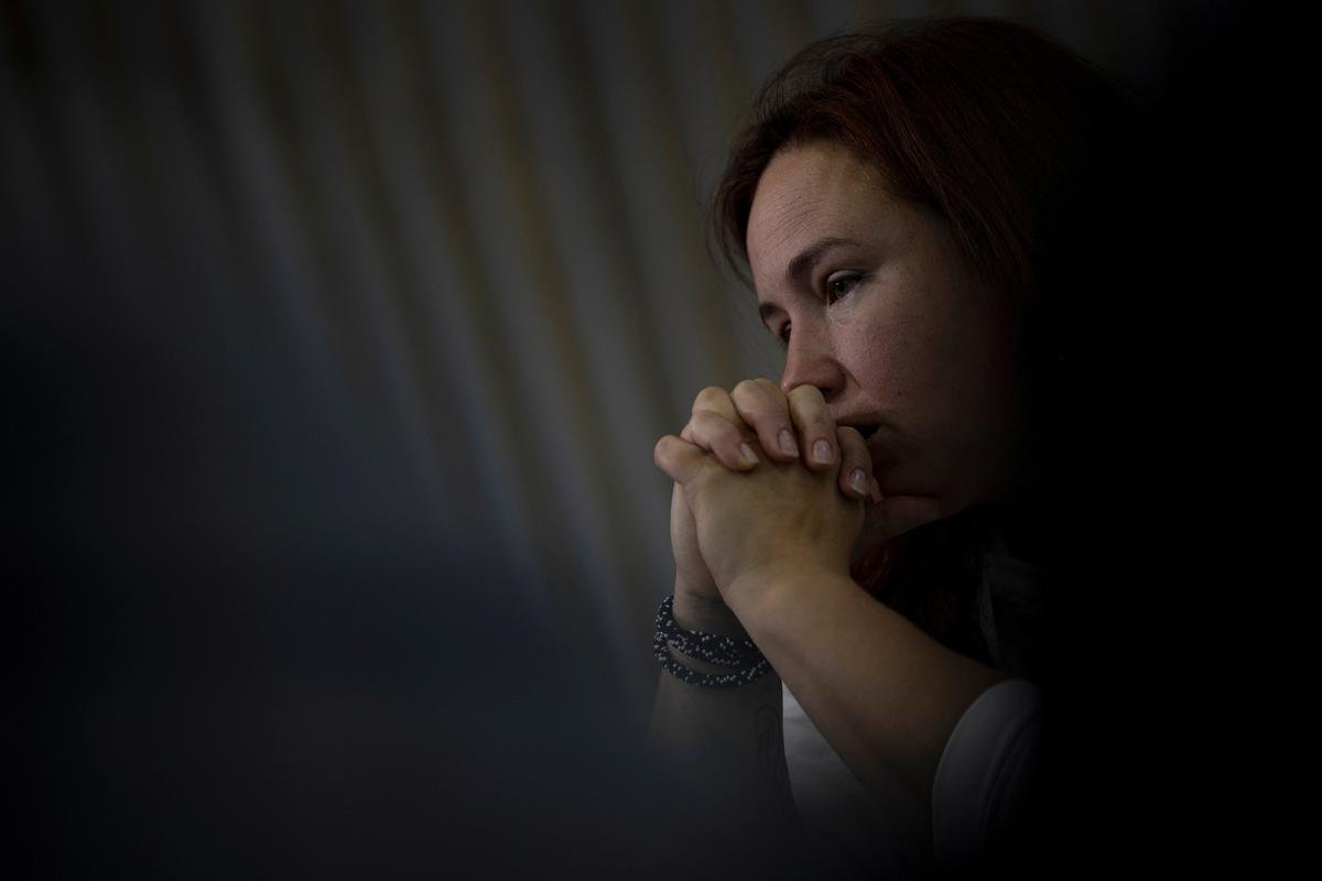 Hanna Zamyshliaieva, whose son Anton Volkovych disappeared after Russian forces occupied Ukraine's southern Kherson region in 2022, reacts during an interview in Zhytomyr, Ukraine, September 29, 2025.  REUTERS/Thomas Peter