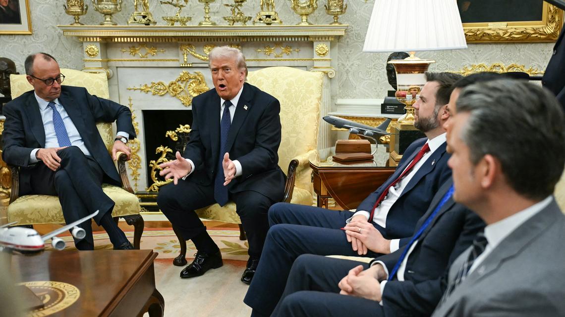 President Donald Trump speaks during a meeting with German Chancellor Friedrich Merz in the Oval Office of the White House in Washington, D.C., on March 3, 2026. Chancellor Merz is the first European leader to visit President Trump since the United States and Israel launched their war against Iran. (Andrew Caballero-Reynolds/AFP/Getty Images/TNS)