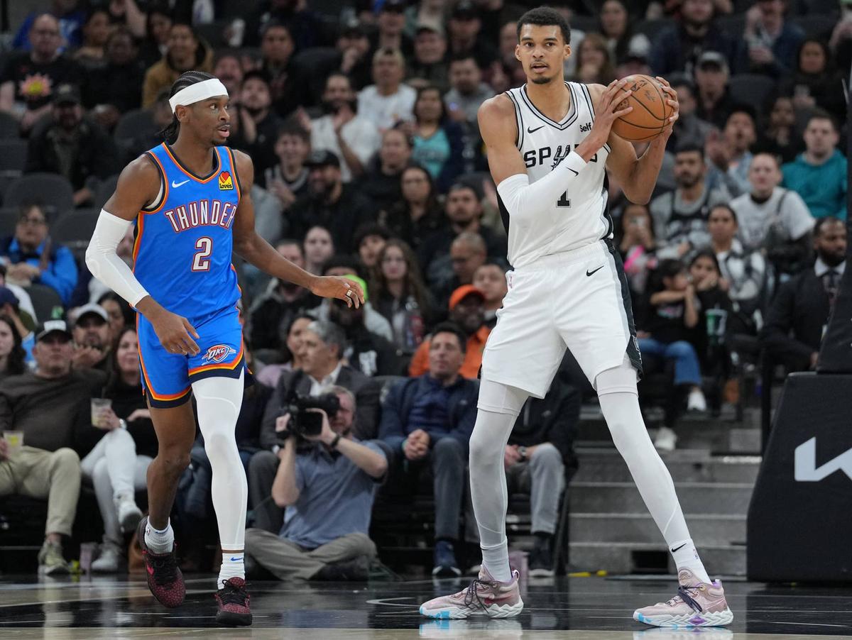  San Antonio Spurs center Victor Wembanyama and Oklahoma City Thunder guard Shai Gilgeous-Alexander. Daniel Dunn-Imagn Images