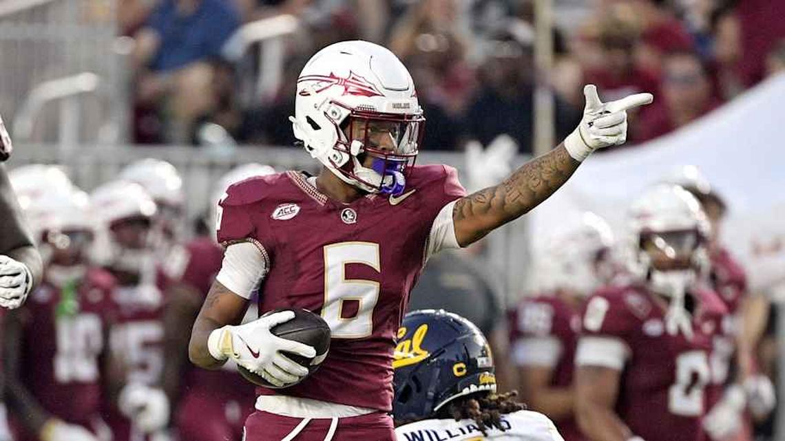  Sep 21, 2024; Tallahassee, Florida, USA; Florida State Seminoles wide receiver Jalen Brown (6) signals first down after a catch during the first half against the California Golden Bears at Doak S. Campbell Stadium. Mandatory Credit: Melina Myers-Imagn Images | Melina Myers-Imagn Images 