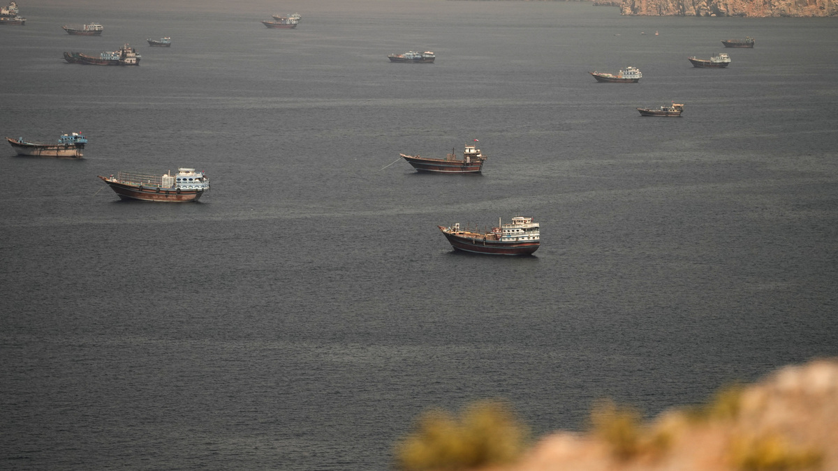 Vessels at the Strait of Hormuz, as seen from Musandam, Oman, June 18, 2026.