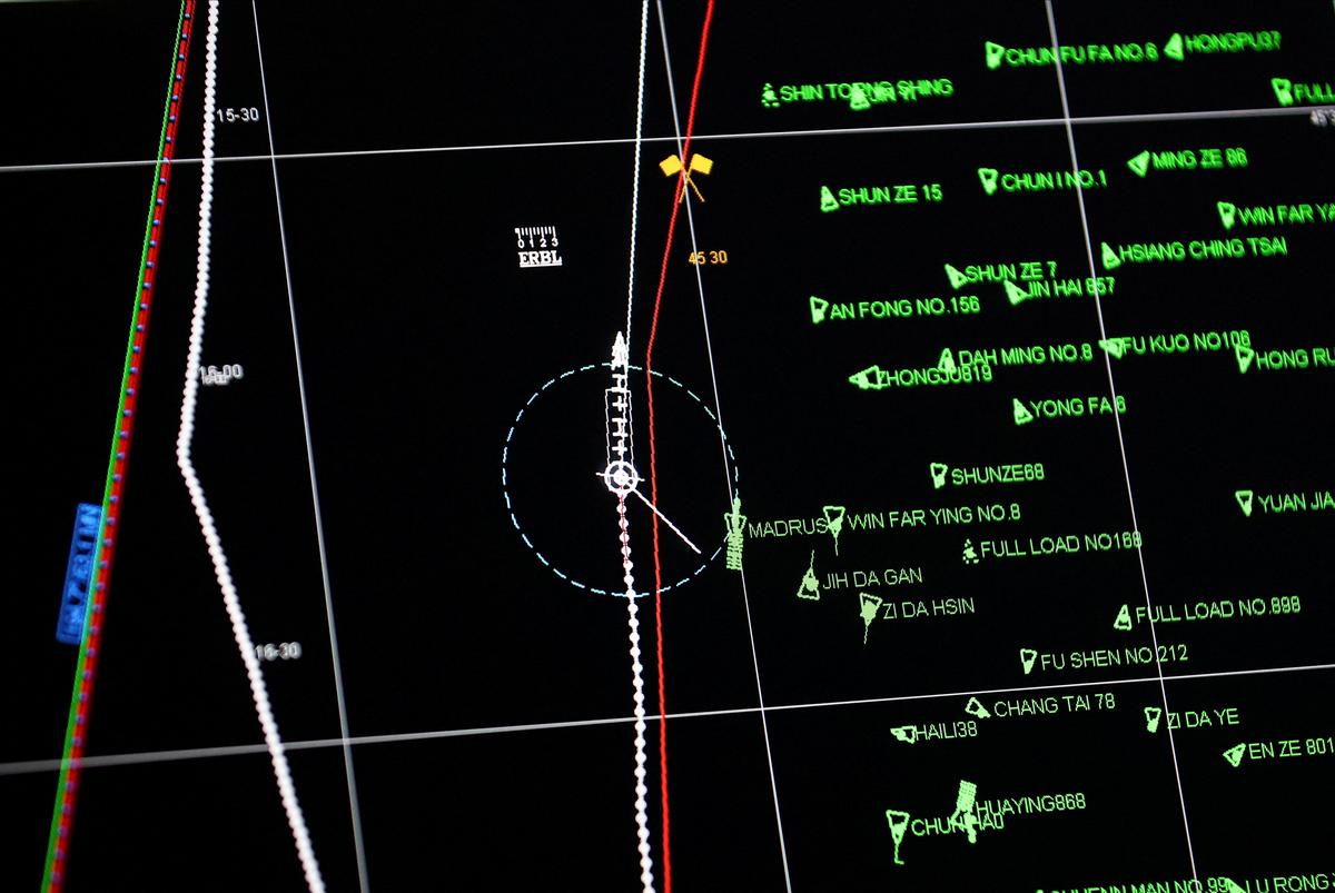 A radar screen aboard the Argentine coast guard patrol ship Azopardo (GC-25) shows squid jigger vessels operating outside Argentina's exclusive economic zone, where foreign fishing vessels, mostly Chinese, operate just beyond the boundary, in the South Atlantic Ocean off the coast of Argentina, January 18, 2026. REUTERS/Agustin Marcarian