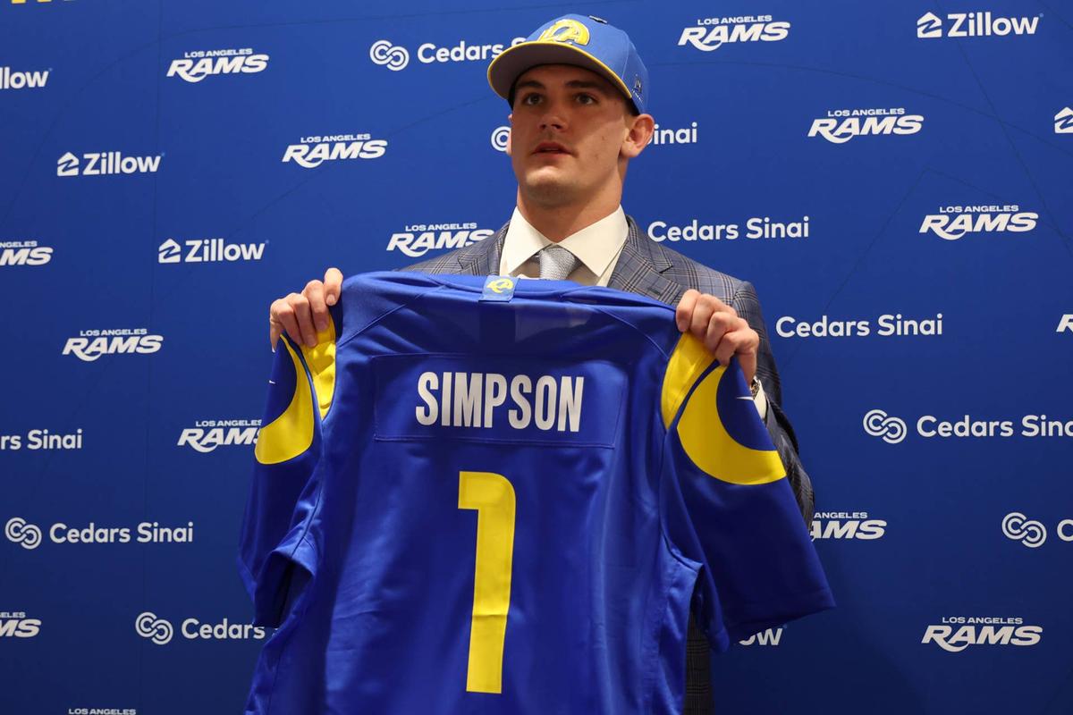  Los Angeles Rams first-round draft pick Ty Simpson poses with his jersey during a press conference at Code Next at Hollywood Park. Kiyoshi Mio-Imagn Images
