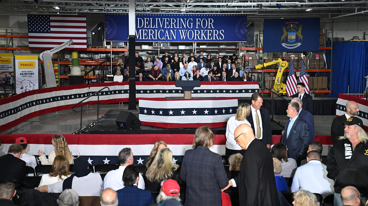 People wait for the arrival of Vice President JD Vance at the EDSI Manufacturing plant on Wednesday, March 18, 2026, in Auburn Hills, Michigan. (Clarence Tabb Jr./The Detroit News/TNS)