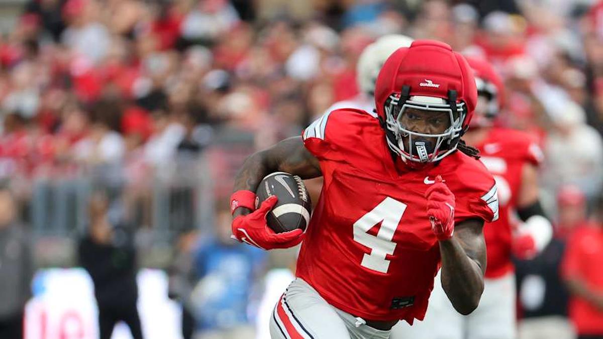  Apr 18, 2026; Columbus, OH, USA; Ohio State Wide receiver Jeremiah Smith (4) runs after catching the ball during the annual spring game at Ohio Stadium. Mandatory Credit: Joseph Maiorana-Imagn Images | Joseph Maiorana-Imagn Images 