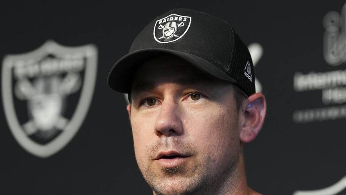  May 20, 2026; Henderson, NV, USA; Las Vegas Raiders head coach Klint Kubiak speaks during a news conference during organized team activities at Intermountain Health Performance Center. Mandatory Credit: Candice Ward-Imagn Images | Candice Ward-Imagn Images 