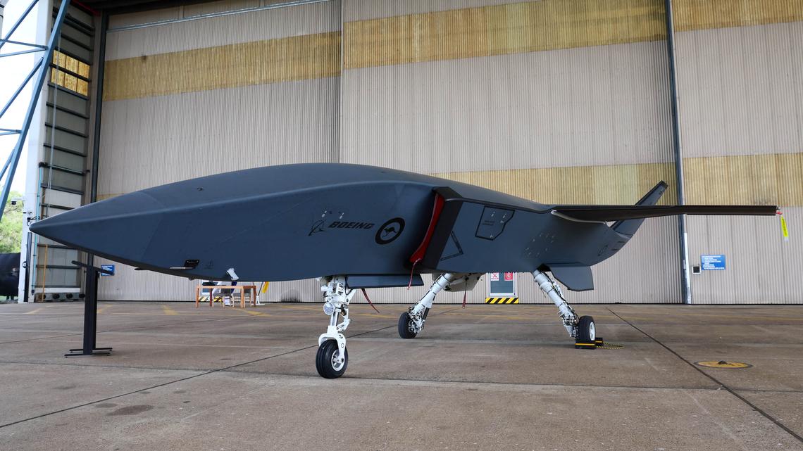 A general view of the Ghost Bat drone during a visit by Germany's Defence Minister Boris Pistori at the Amberley Royal Australian Air Force Base on March 27, 2026. (Tertius Pickard/AFP/Getty Images/TNS)