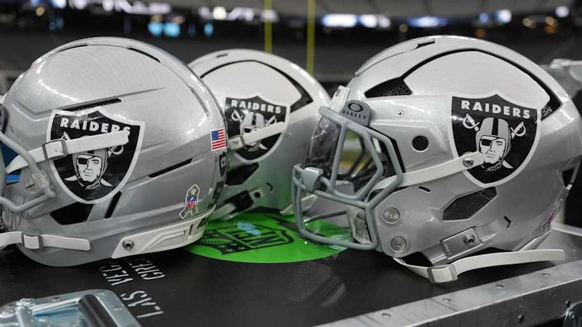  Nov 23, 2025; Paradise, Nevada, USA; Las Vegas Raiders helmets on the sidelines at Allegiant Stadium. Mandatory Credit: Kirby Lee-Imagn Images | Kirby Lee-Imagn Images 
