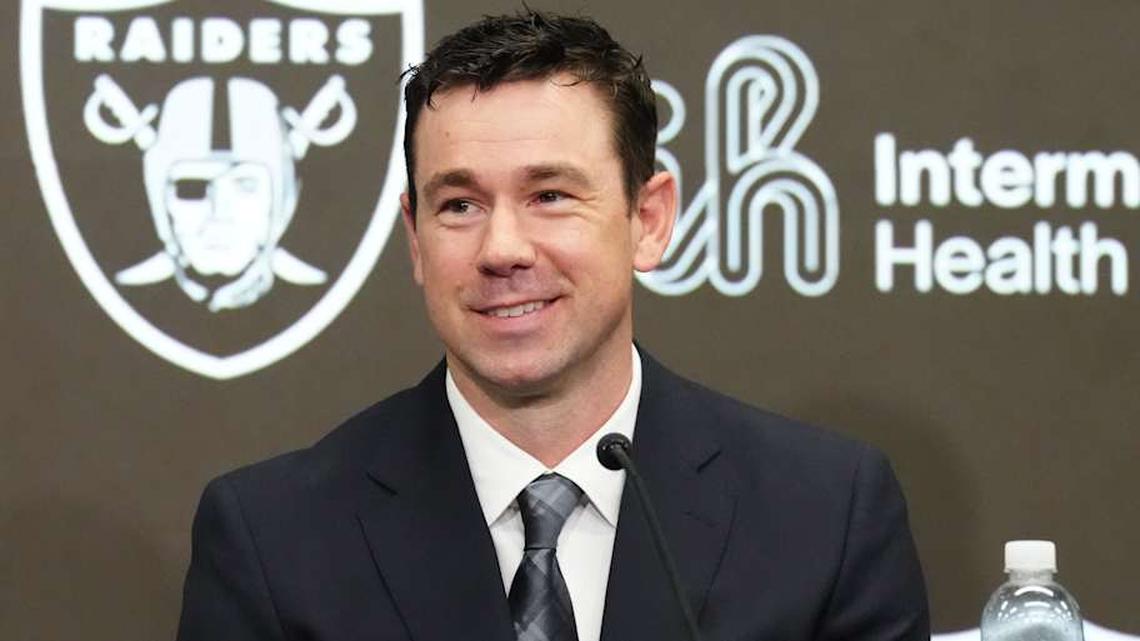  Feb 10, 2026; Henderson, NV, USA; Las Vegas Raiders coach Klint Kubiak speaks at introductory press conference at Intermountain Health Performance Center. Mandatory Credit: Kirby Lee-Imagn Images | Kirby Lee-Imagn Images 