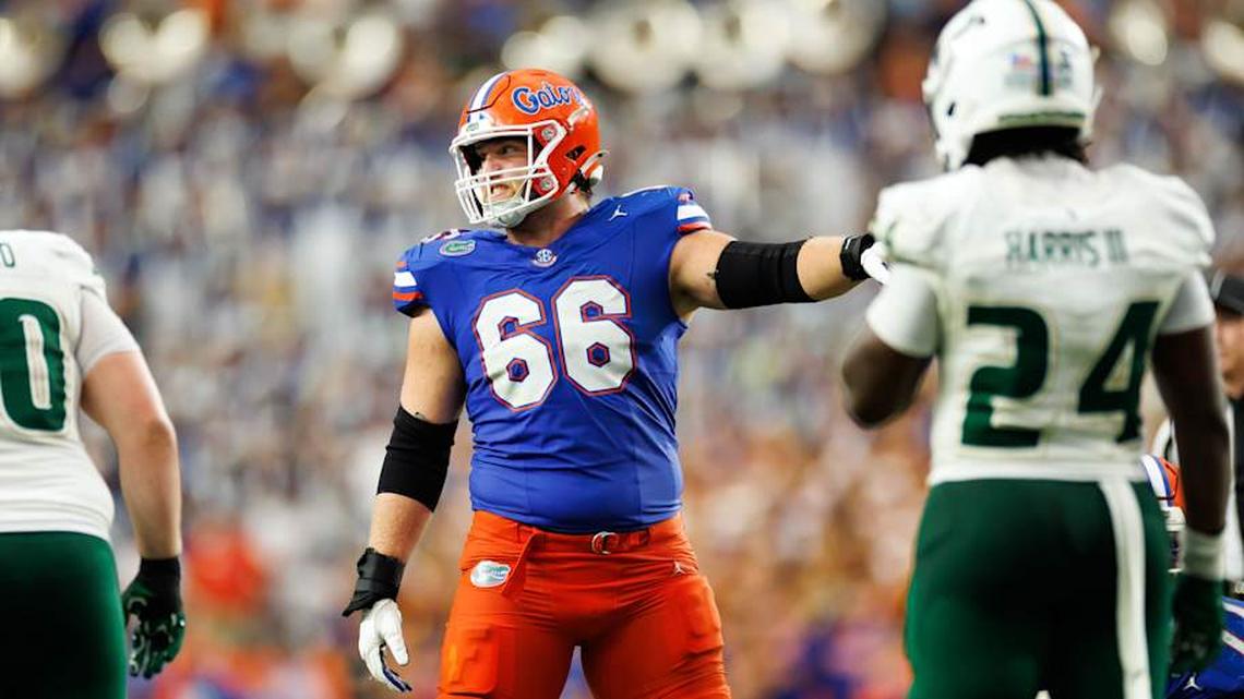  Sep 6, 2025; Gainesville, Florida, USA; Florida Gators offensive lineman Jake Slaughter (66) gestures against the South Florida Bulls during the second half at Ben Hill Griffin Stadium. Mandatory Credit: Matt Pendleton-Imagn Images | Matt Pendleton-Imagn Images 