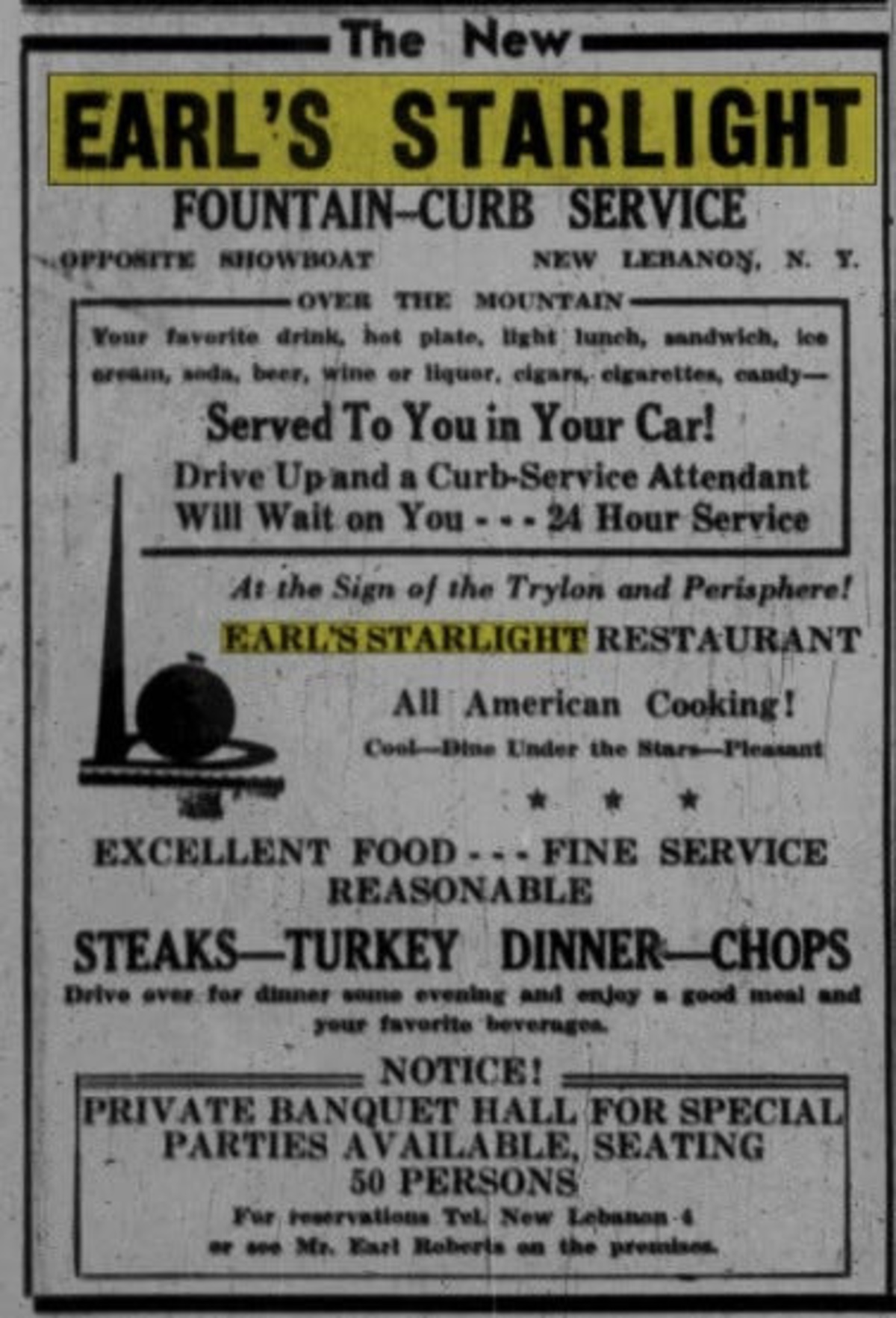 In the 1930s-40s, Earl Roberts of Earl's Hideaway biker bar in Sebastian, Florida, owned Earl's New Starlight Restaurant and Earl's Valley Park Restaurant in New Lebanon, New York, for about 10 years. Starlight's iconic logo and sign became the Trylon and Perisphere, a geometric Art Deco structure in the middle of the 1939 New York World’s Fair in Flushing Meadows Park, Queens. A modern "World of Tomorrow" symbol, the Trylon was a 610-foot-tall triangular spire and the Perisphere was an 180-foot-diameter sphere. A massive escalator connected them. His restaurants were across from the famous Showboat big-band dance palace he and brother Arthur built in 1930. Newspapers called Showboat "the most unique ballroom in the country." From their hometown of Pittsfield, Massachusetts, Showboat was just across the state line and over Lebanon Mountain. After WWII ended, the brothers sold both restaurants and Showboat in 1946, when Art moved to St. Petersburg, Florida, and Earl opened the 1925-built Sebabastian Inn on the Indian River Lagoon.